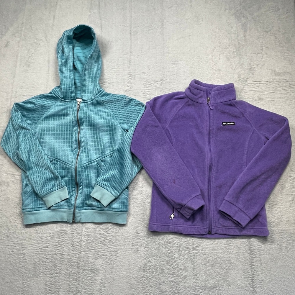 Set Of 2 Columbia Fleece Jacket & Hoodie Kids Size M 10/12 Purple‎ Teal Full Zip
